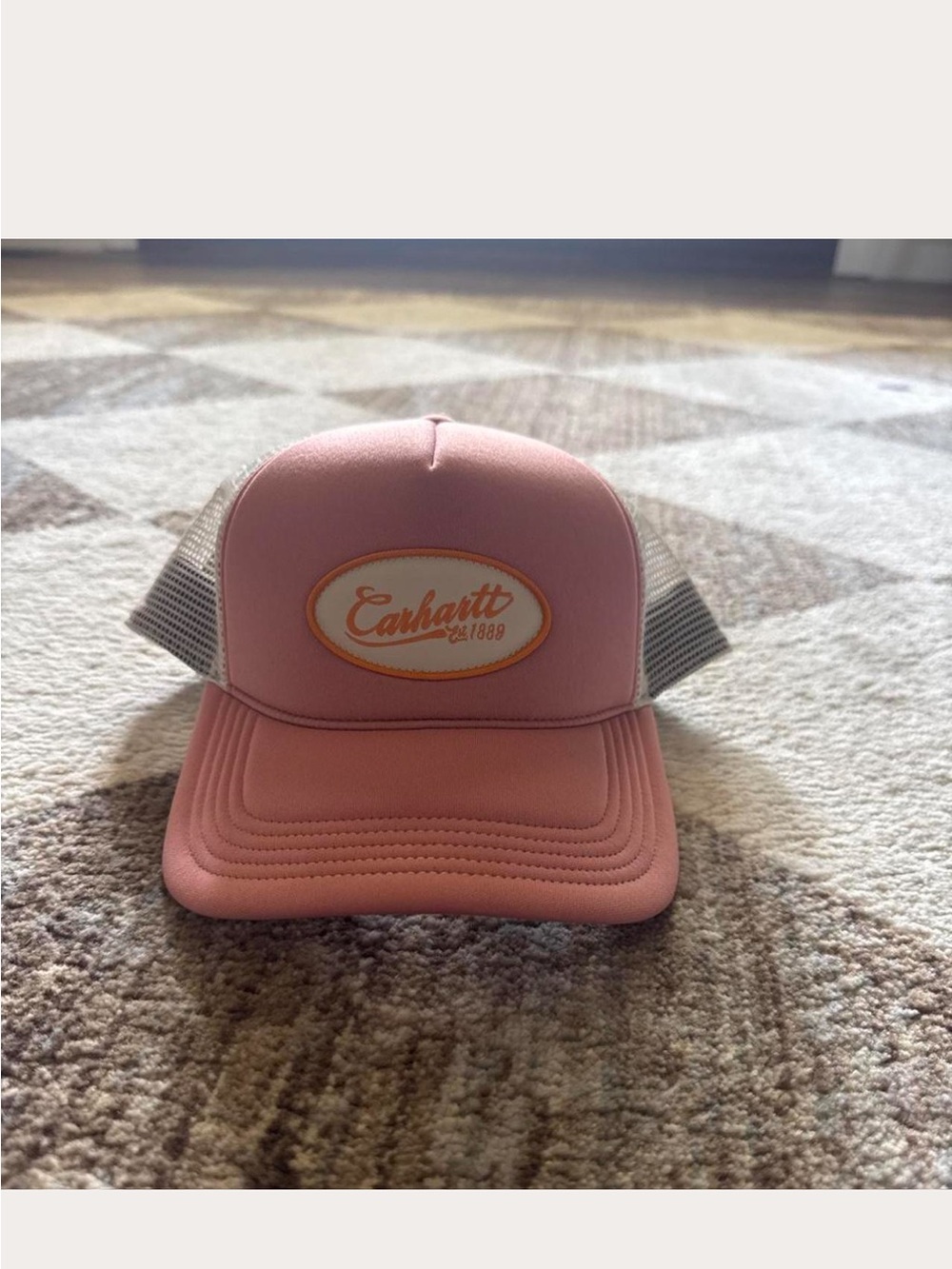 Carhartt Pink Trucker Hat with Orange Logo Patch